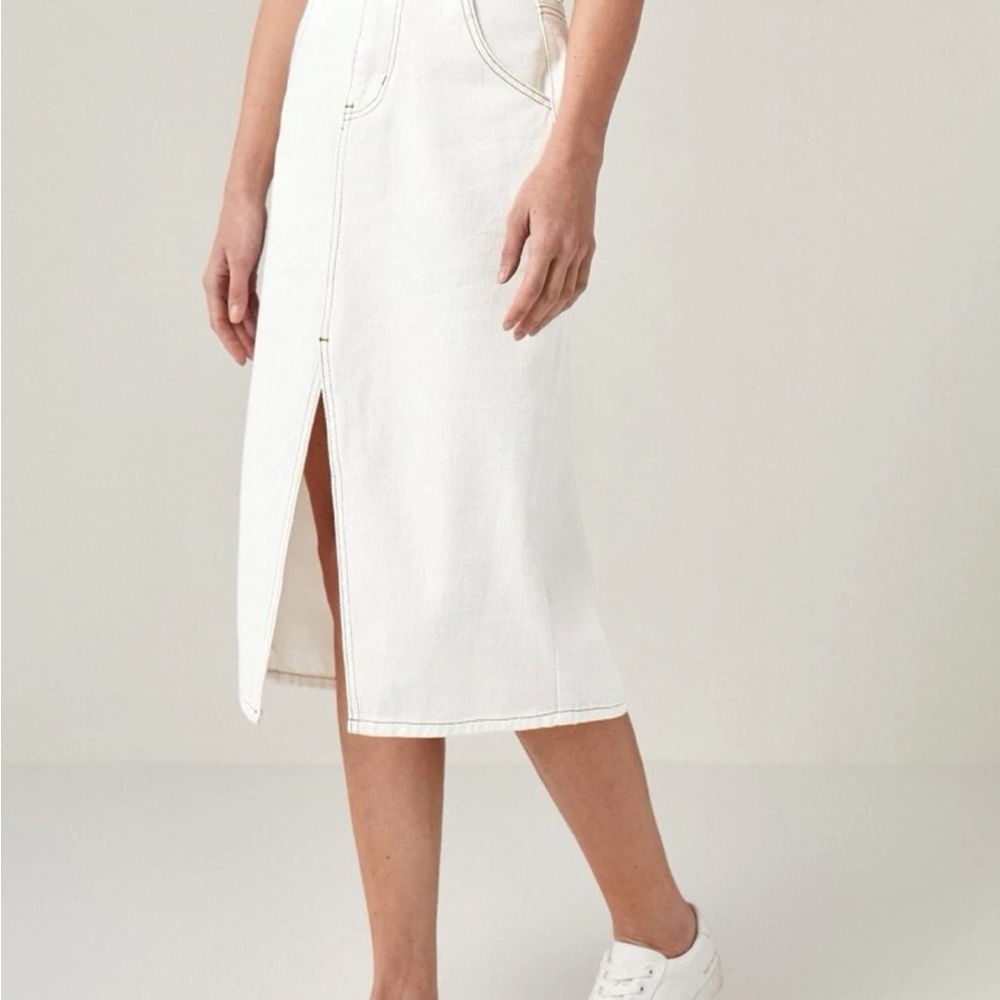 White midi denim jean skirt with slit front - Picture 3 of 9